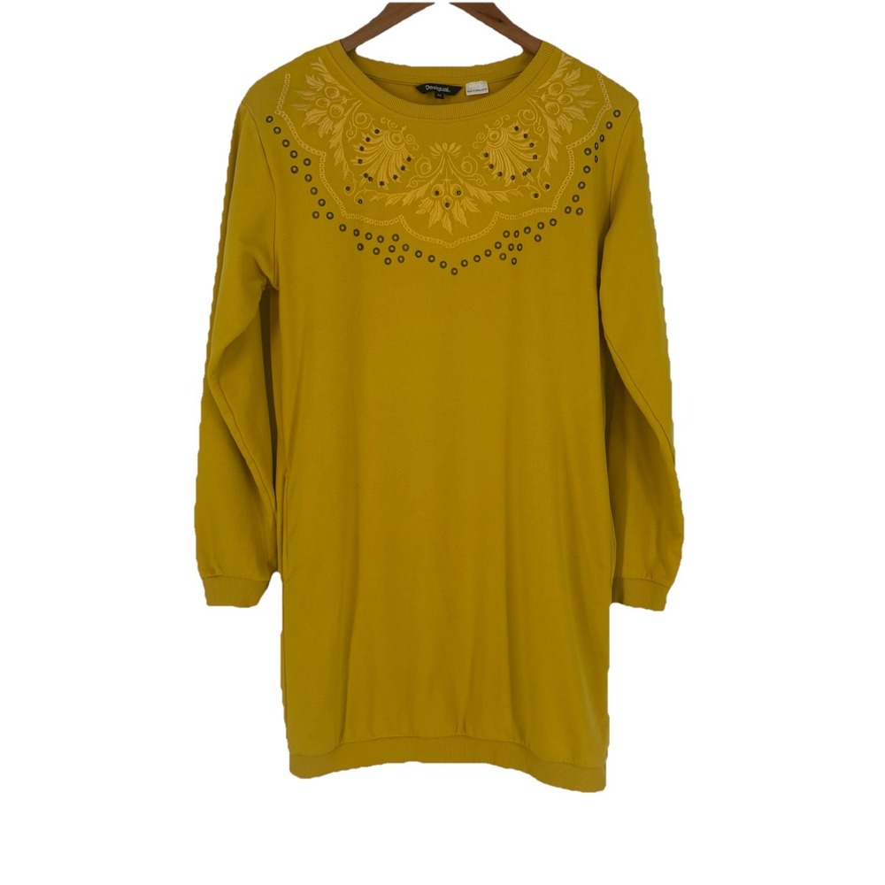 Desigual Womens Embroidered Sweatshirt Dress Medium Yellow Studded Boho Eclectic